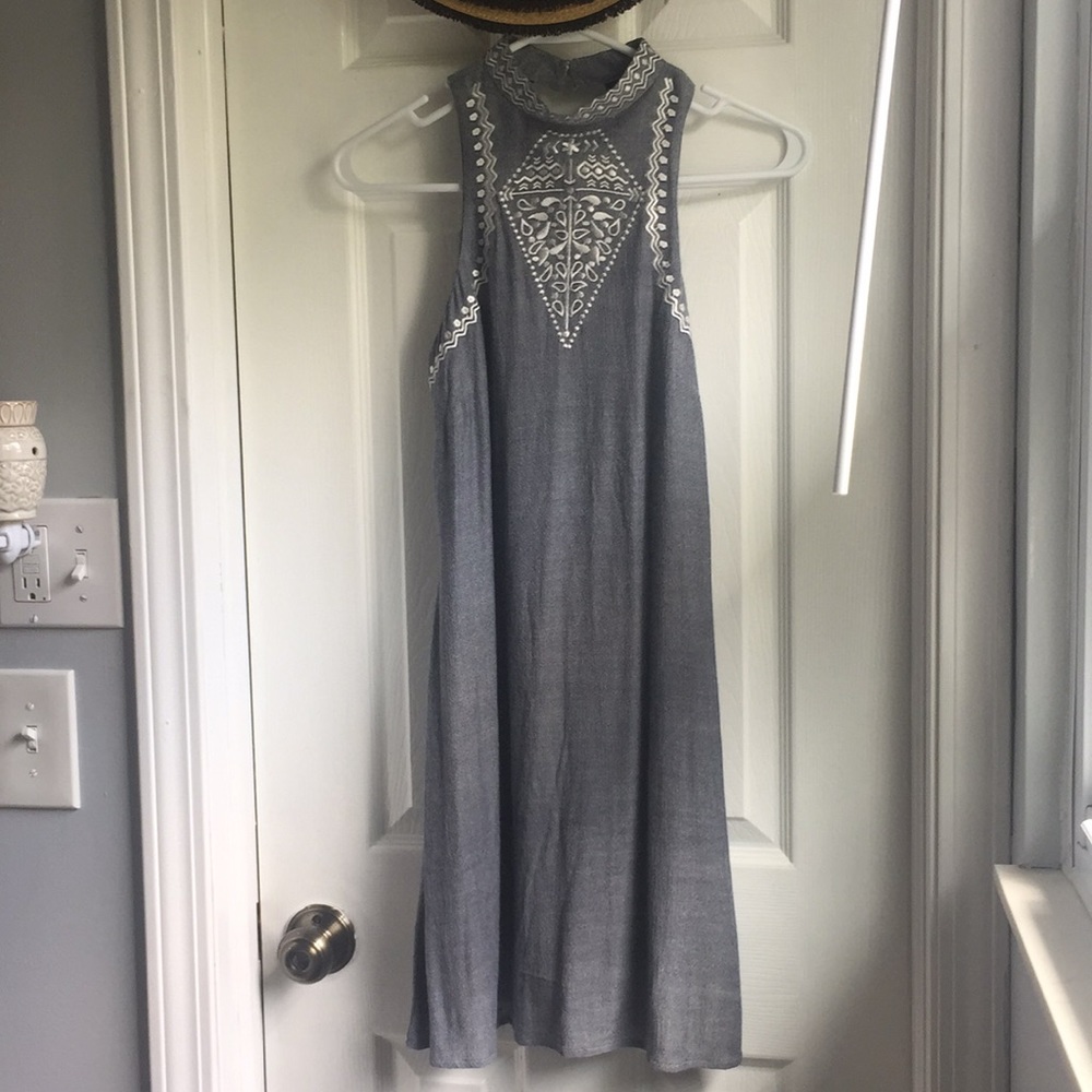Blue linen-like embroidered dress